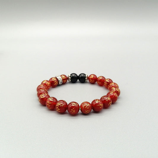 Sacred Mantras & Energy Stones – Red Agate & Obsidian Bracelet with S925 Silver Prayer Wheel
