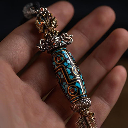 Tibetan Nine-Eyed Dzi Bead & Vajra Pendant – Protection & Prosperity Talisman