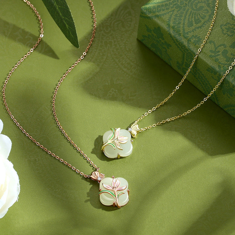 Hetian Jade Clover Necklace with Magnolia | Symbol of Luck & Purity