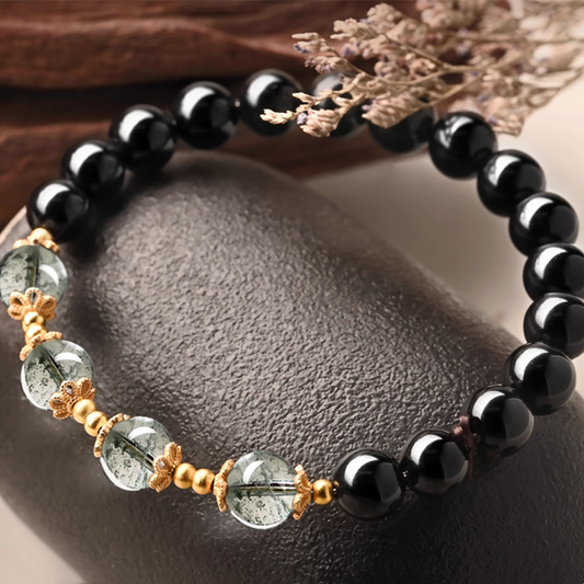 Natural Obsidian & Green Phantom Crystal Bracelet – Energy Purification & Career Luck