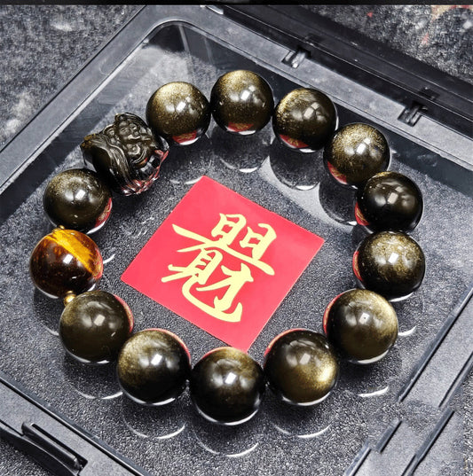 Obsidian Lion & Tiger Eye Bracelet – Wealth, Protection & Energy Cleanse