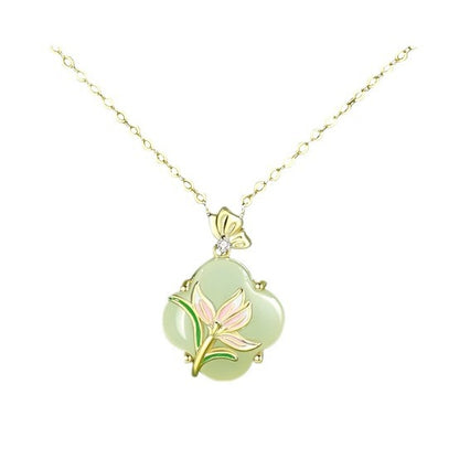 Hetian Jade Clover Necklace with Magnolia | Symbol of Luck & Purity
