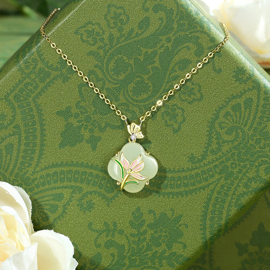 Hetian Jade Clover Necklace with Magnolia | Symbol of Luck & Purity