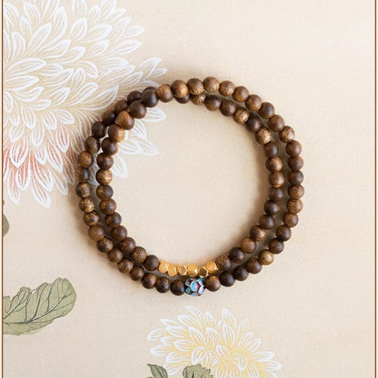 Natural Qinan Agarwood Double Wrap Bracelet – Blue Enamel Lotus & Fortune Bead