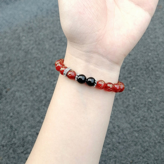 Sacred Mantras & Energy Stones – Red Agate & Obsidian Bracelet with S925 Silver Prayer Wheel