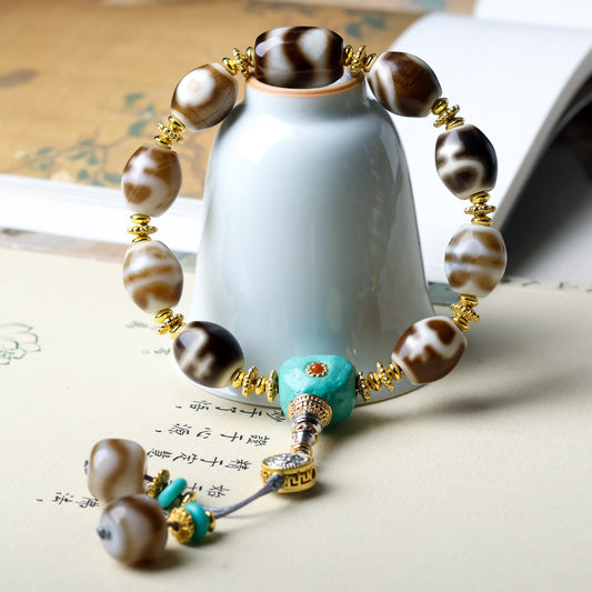 Tibetan Black-Gold Dzi Bead & Turquoise Bracelet for Protection and Prosperity