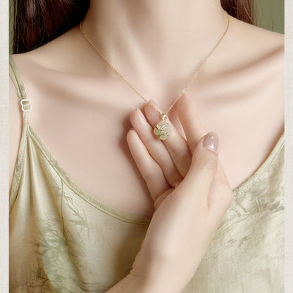Hetian Jade Clover Necklace with Magnolia | Symbol of Luck & Purity