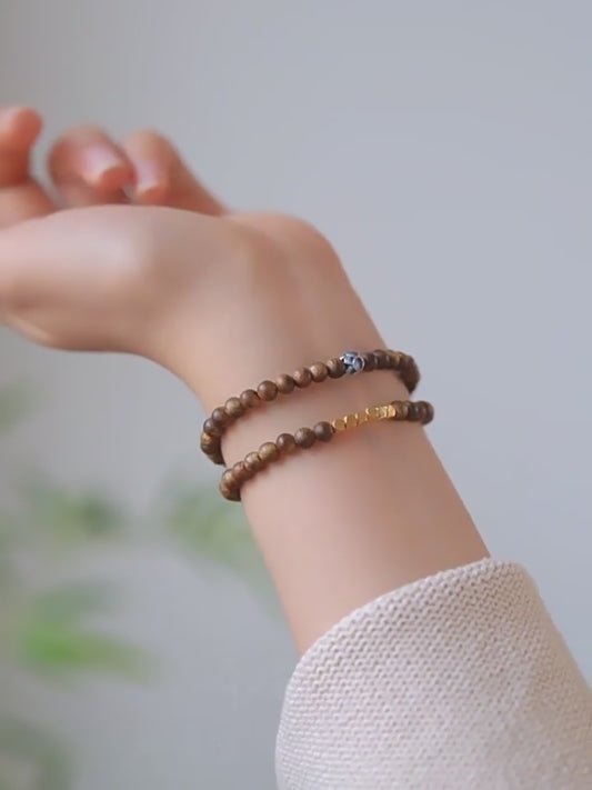 Natural Qinan Agarwood Double Wrap Bracelet – Blue Enamel Lotus & Fortune Bead